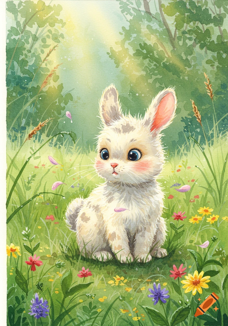 A cute white rabbit with blue eyes sits in a sunny green meadow with colorful flowers, painted in a watercolor style.