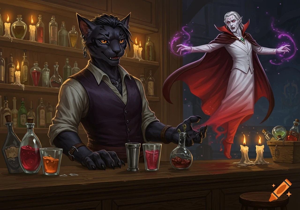 Fantasy illustration of a black furred tabaxi bartender at a rustic bar, looking at a floating vampire casting purple magic.