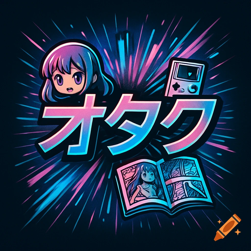 A neon-style logo with a chibi anime girl, a classic handheld game console, an open manga book, and the Japanese word "otaku" in pink and blue glowing text.