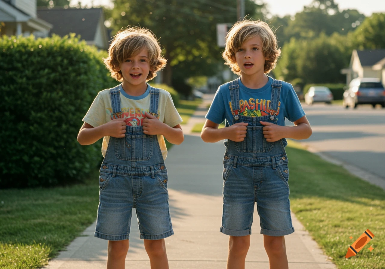 Two smiling preteen boys with blonde hair in denim overalls and graphic tees stand on a sidewalk.