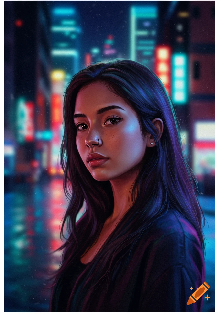 A detailed digital art portrait of a young woman with dark hair and a nose ring against a blurred, neon-lit city at night.