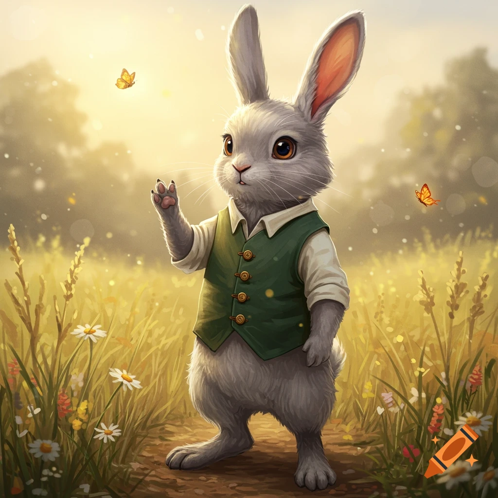 A cute anthropomorphic rabbit wearing a green vest stands upright in a sunny field with flowers and butterflies, raising one paw.