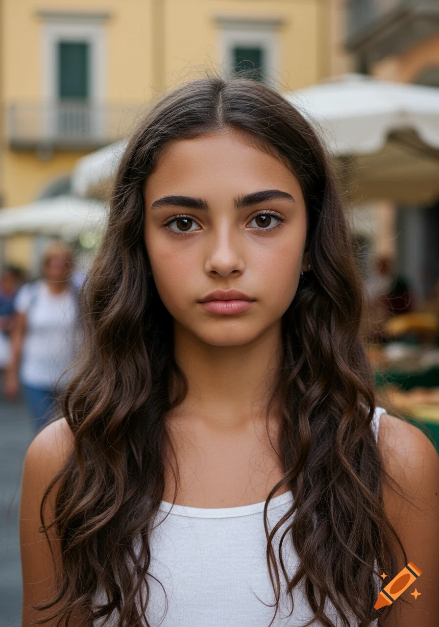 A close-up photorealistic portrait of a young girl with long wavy dark brown hair and eyes, and tan skin, looking directly forward.