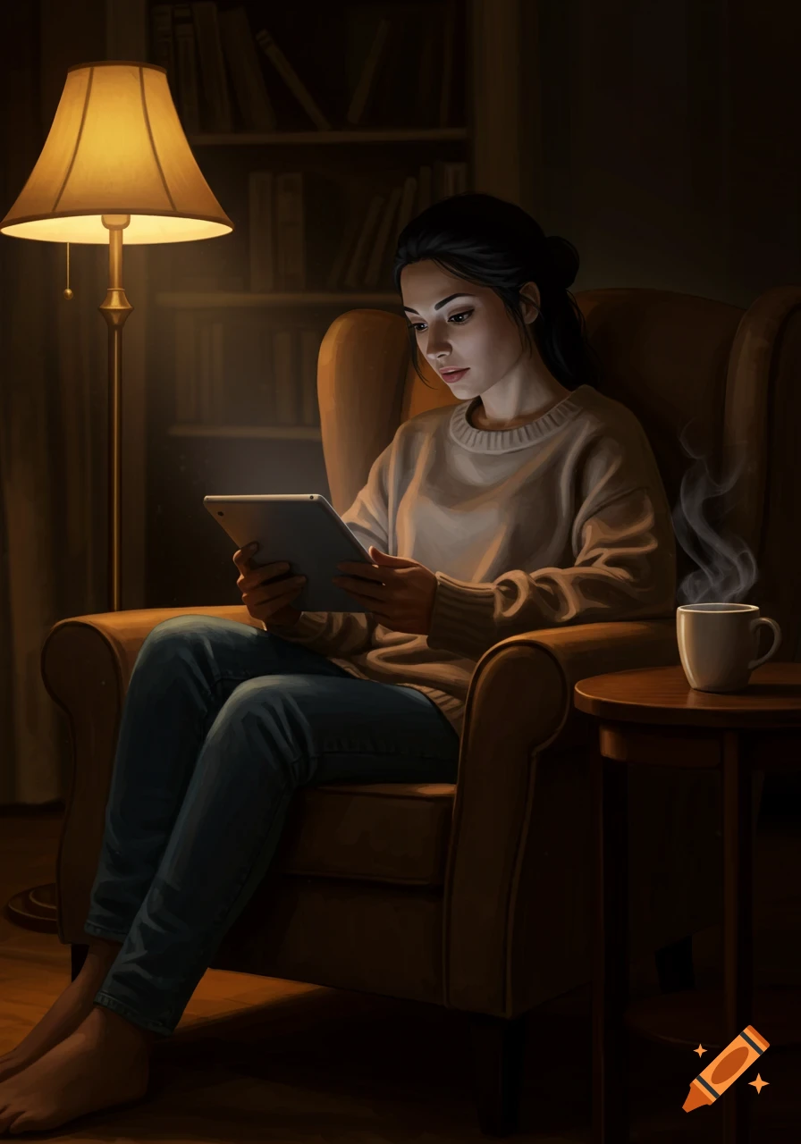 A woman sits in an armchair, illuminated by a lamp and tablet, with a steaming cup of coffee nearby.
