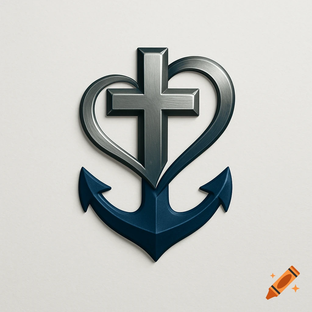 A metallic gray cross inside a heart, resting on a blue anchor against a white background.