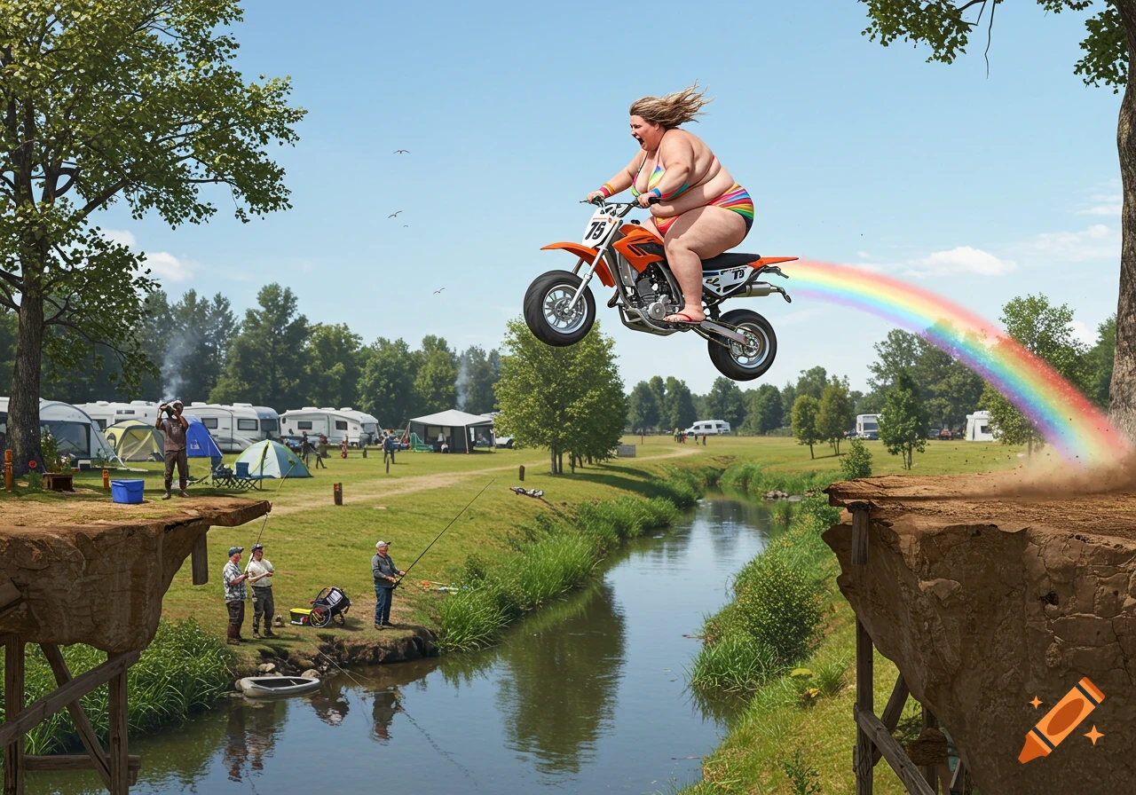 An overweight woman on a dirt bike flies over a river with a rainbow trail, as fishermen watch in a campground. Photorealistic.