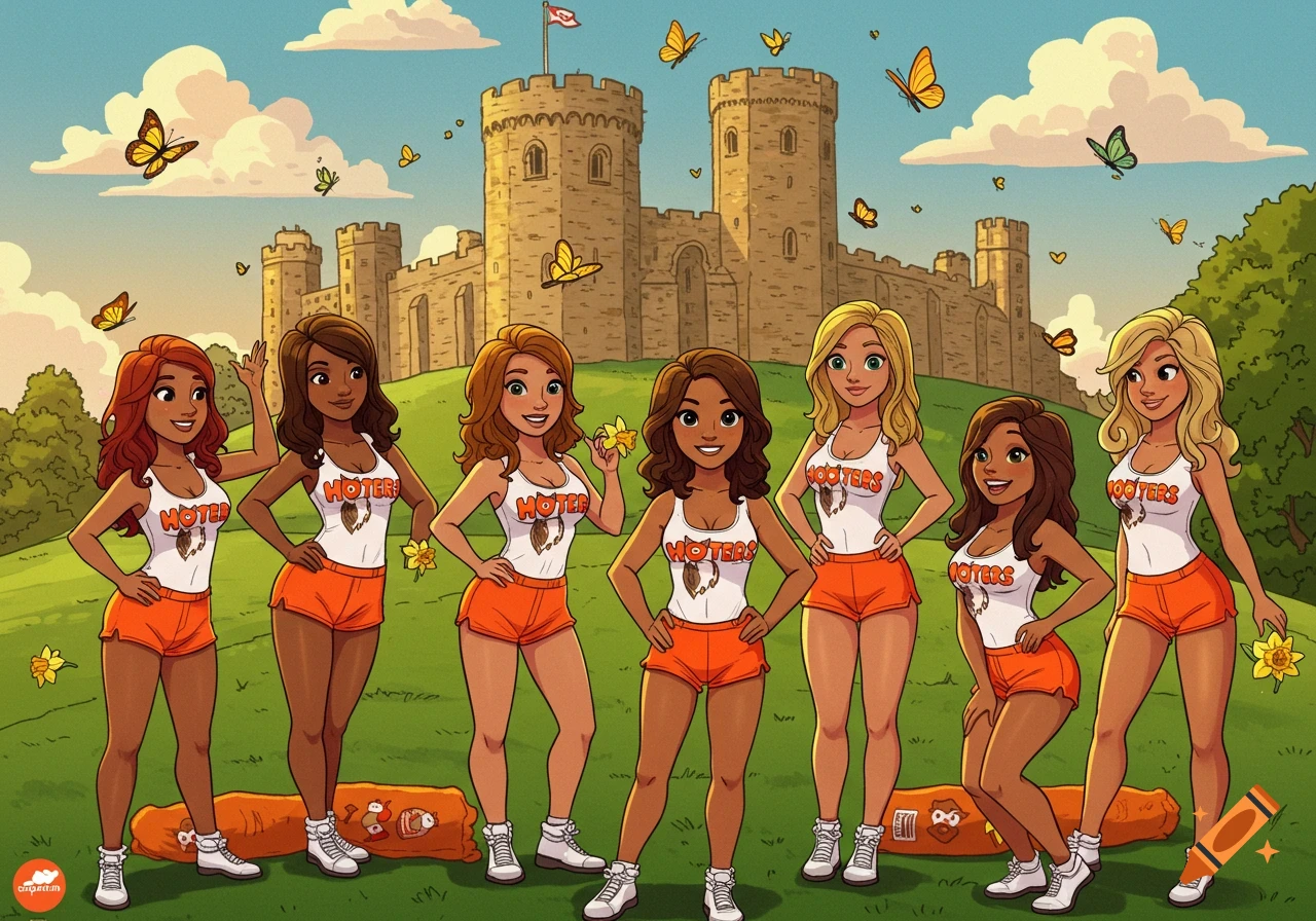 Cartoon of seven diverse women in Hooters uniforms posing playfully on a grassy hill with a castle and butterflies in the background.