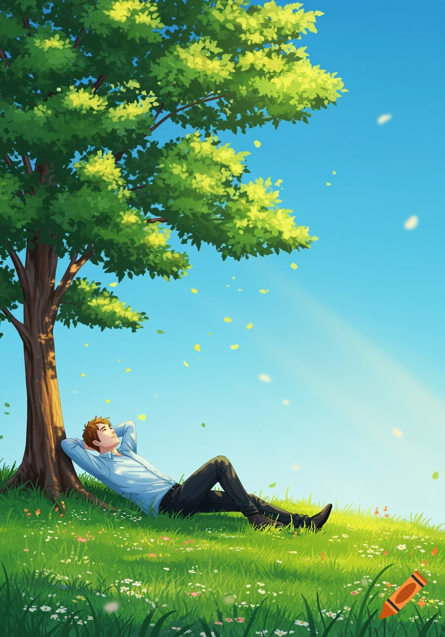 An anime illustration of a man relaxing under a large tree on a grassy hill on a sunny day.