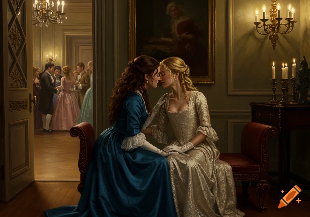 Two women in 18th-century dresses share a secret kiss on a bench in a dimly lit hallway, with a bustling ballroom visible through an open door.