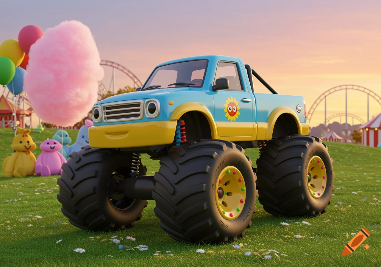 A vibrant cartoon monster truck with a smiling sunflower logo stands on a grassy hill, with colorful balloons, pink cotton candy, and plush toys, against a fairground background.