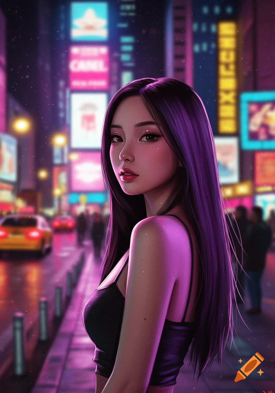 A photorealistic digital art portrait of a young woman with long dark hair, wearing a black top, looking over her shoulder in a neon-lit city at night.
