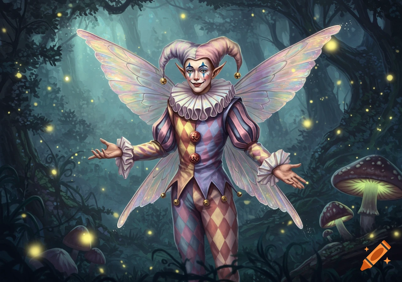 A whimsical male faerie clown in a colorful harlequin costume and iridescent wings stands with arms open in a magical glowing forest.