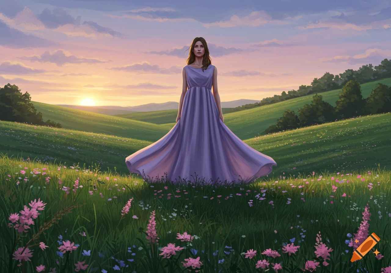 A woman in a flowing purple dress stands in a vibrant green field filled with pink and blue wildflowers at sunset.