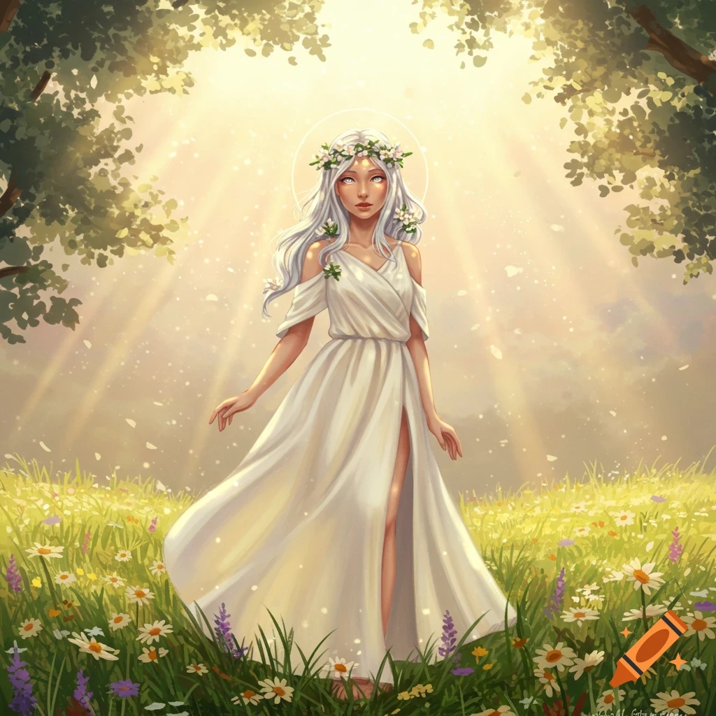 A white-haired woman in a white dress and floral wreath stands in a sunlit meadow, surrounded by wildflowers.