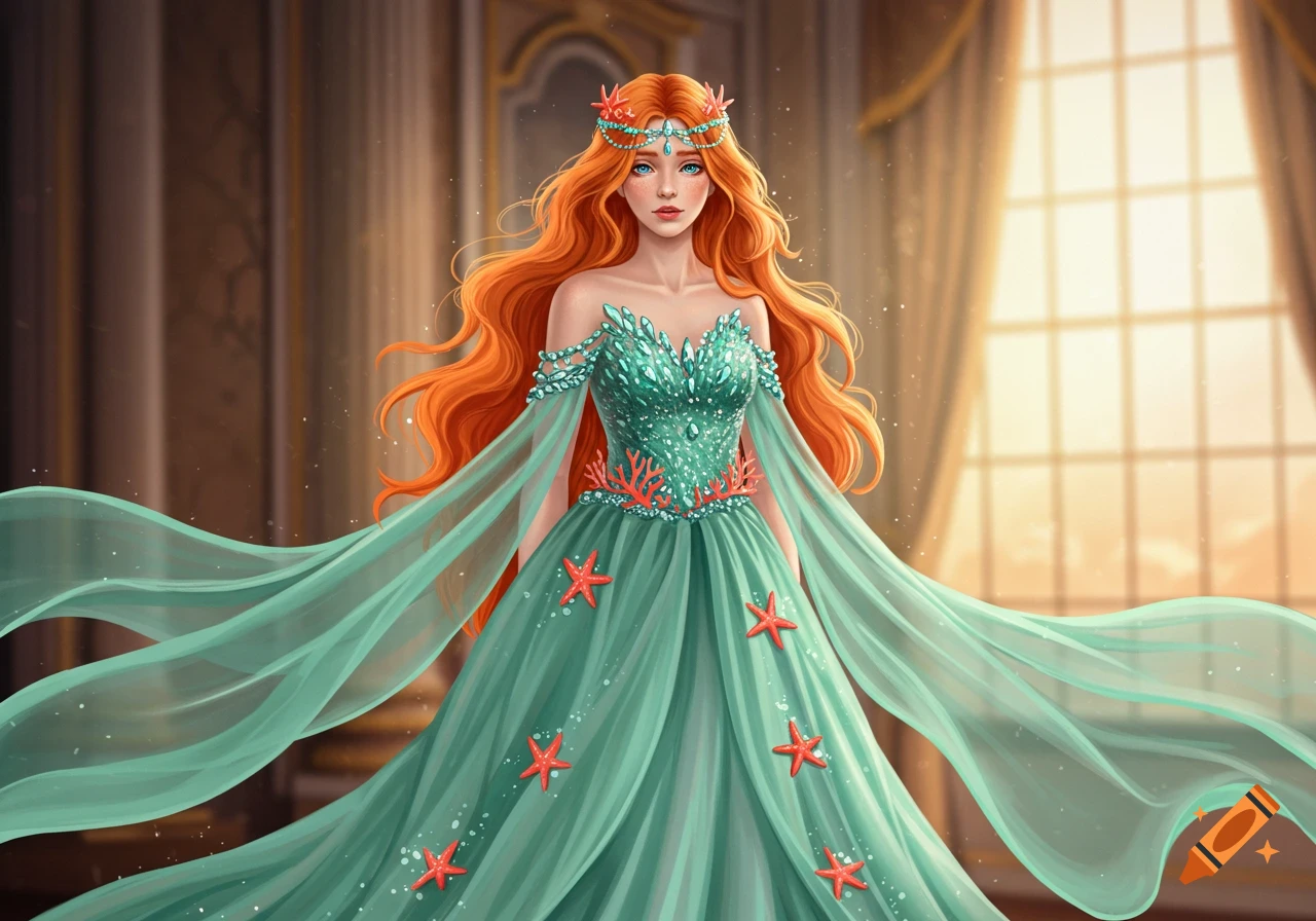A digital painting of a red-haired woman in a seafoam green dress adorned with coral and starfish, standing in a sunlit ballroom.