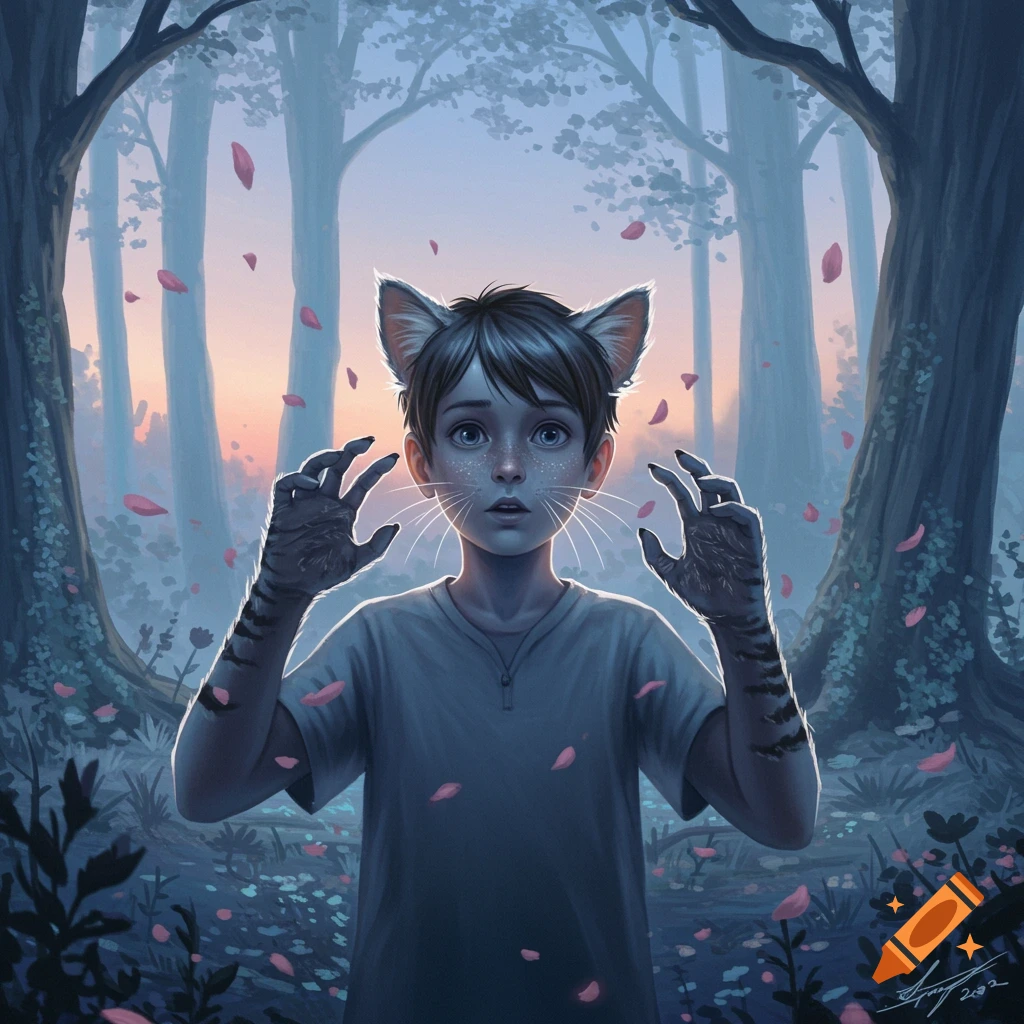 A boy with cat ears and transforming paws stands in a dark forest, surrounded by falling pink petals.