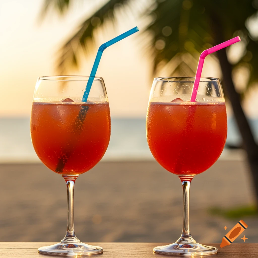 Two colorful cocktails with straws on a table, overlooking a beach at sunset.