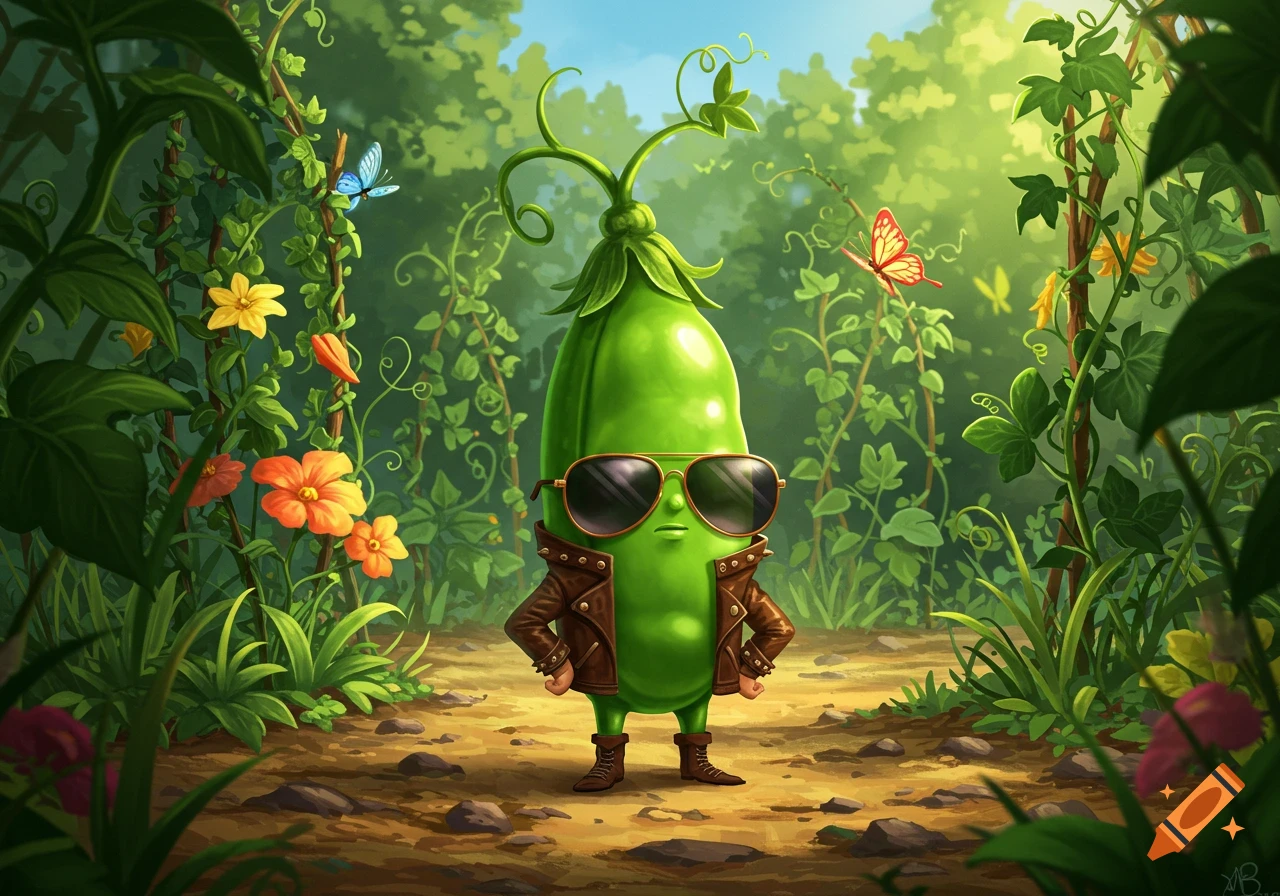 A tough-looking cartoon pea character in sunglasses and a leather jacket stands on a forest path amidst vines and flowers.