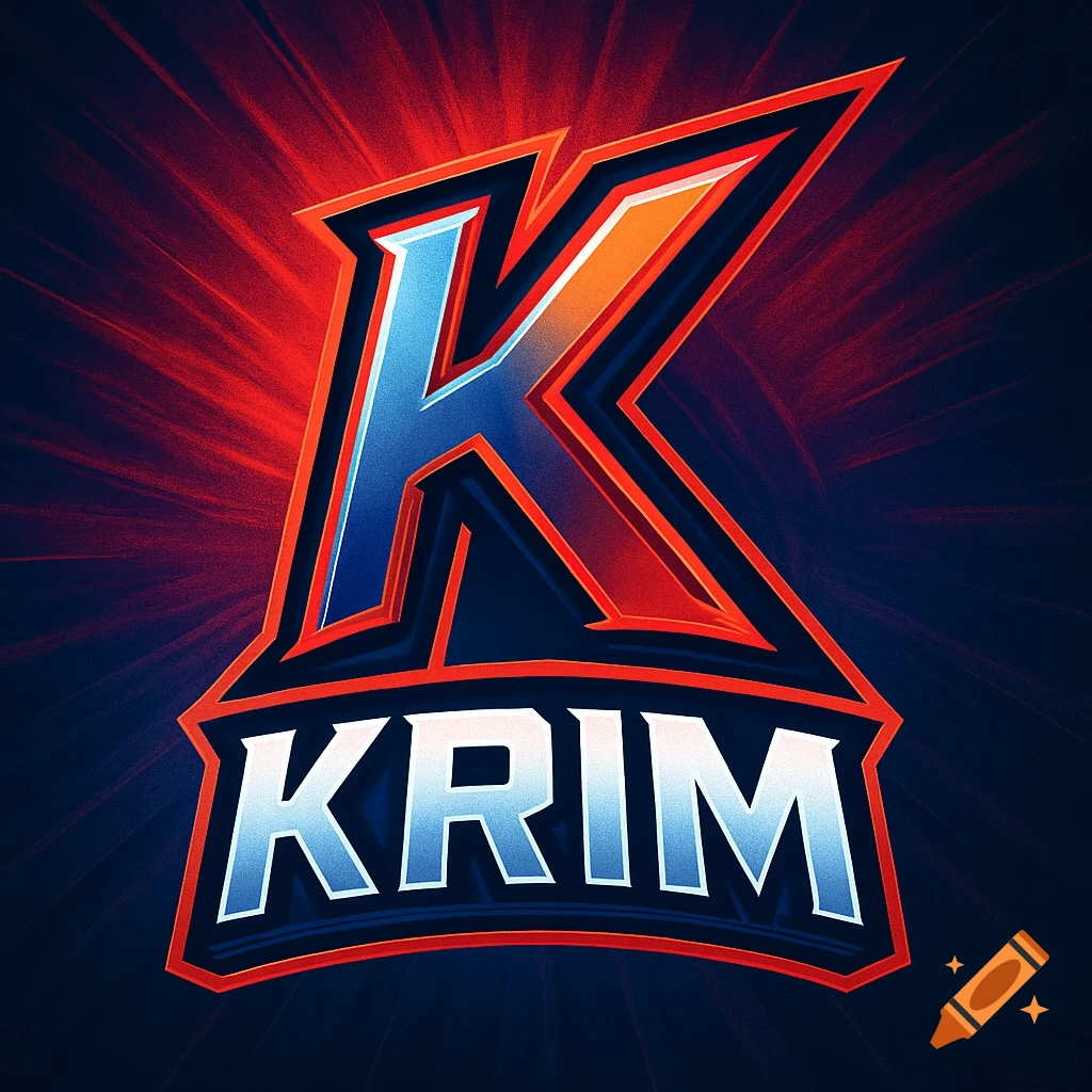 A stylized blue and orange letter K with the word KRIM below it, on a radiating red background, designed as an esports logo.