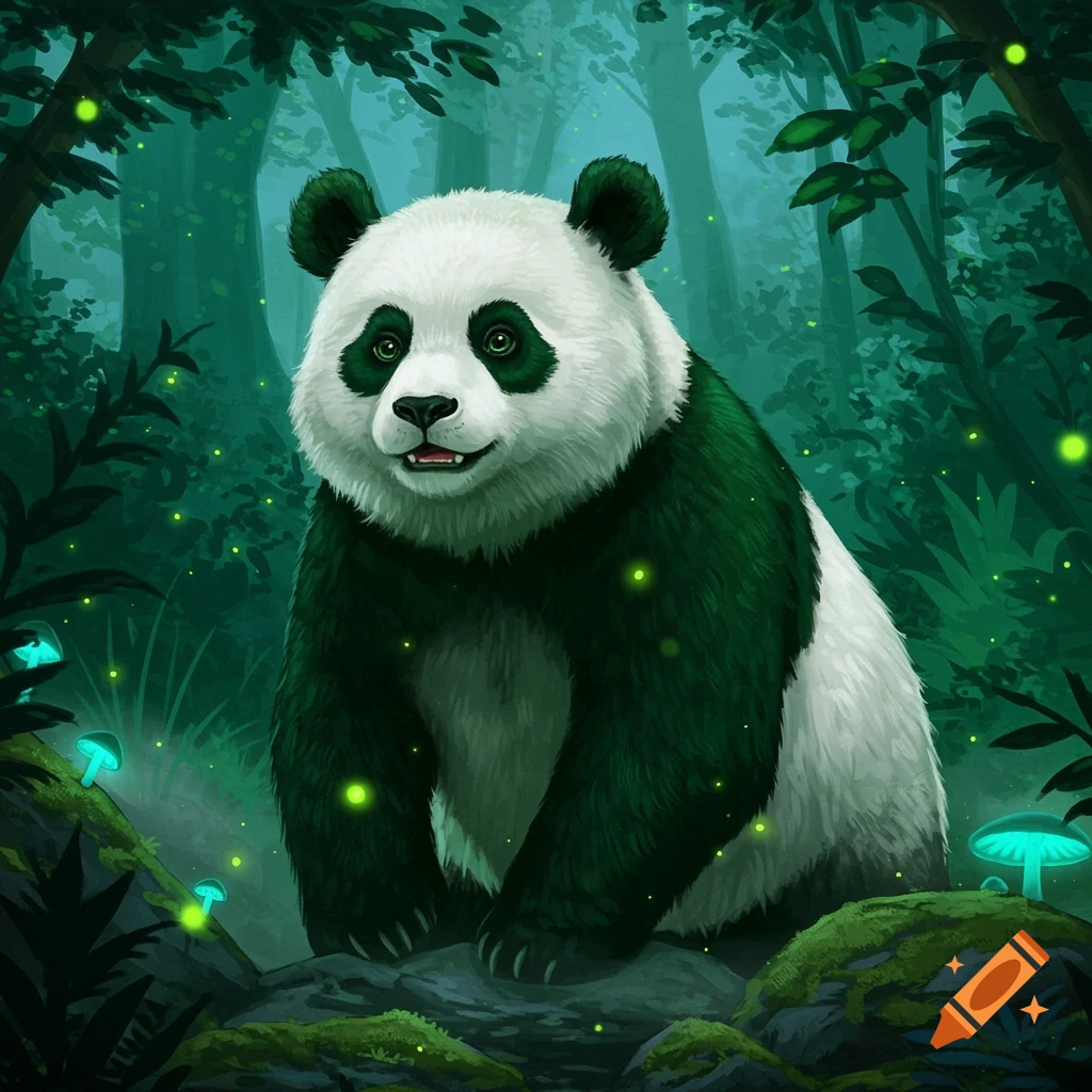 A smiling green and white panda sits in a dark, mystical forest illuminated by glowing green mushrooms and fireflies, in an illustrated style.