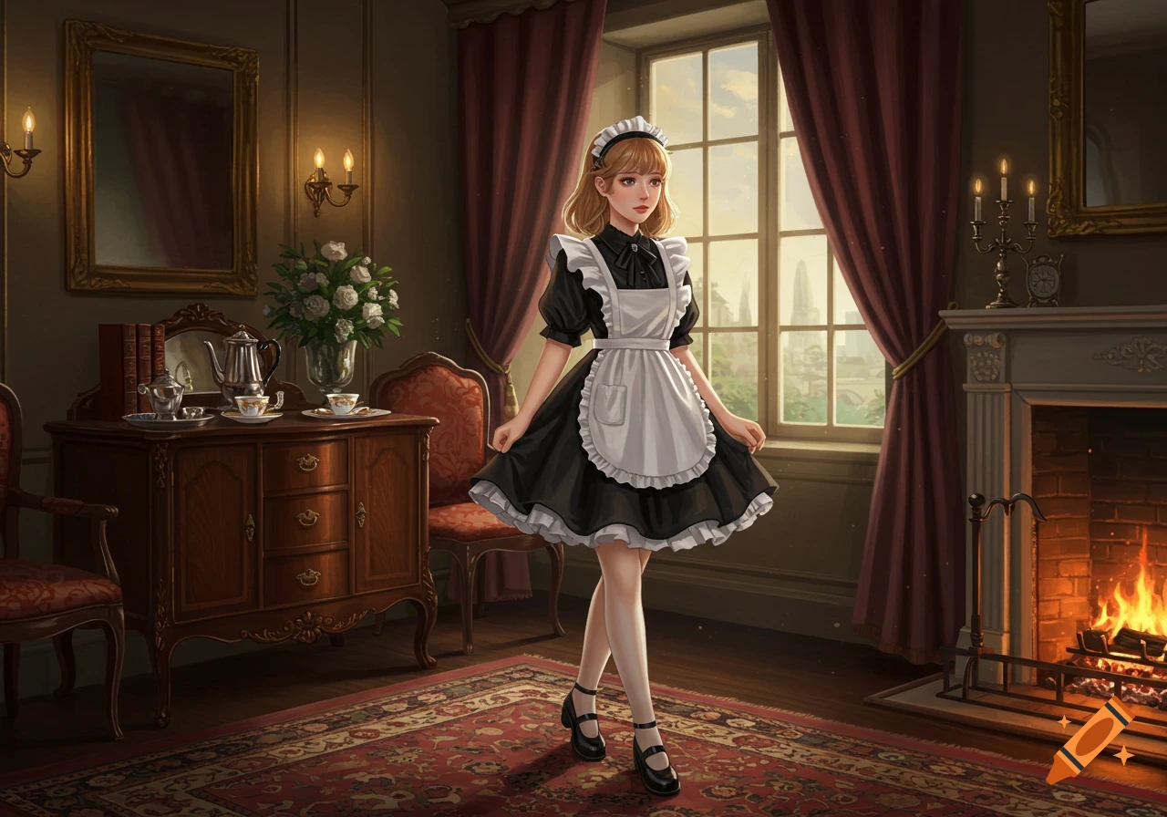 A girl in a black and white maid dress stands in a well-decorated room with a fireplace and large window, in a digital painting style.