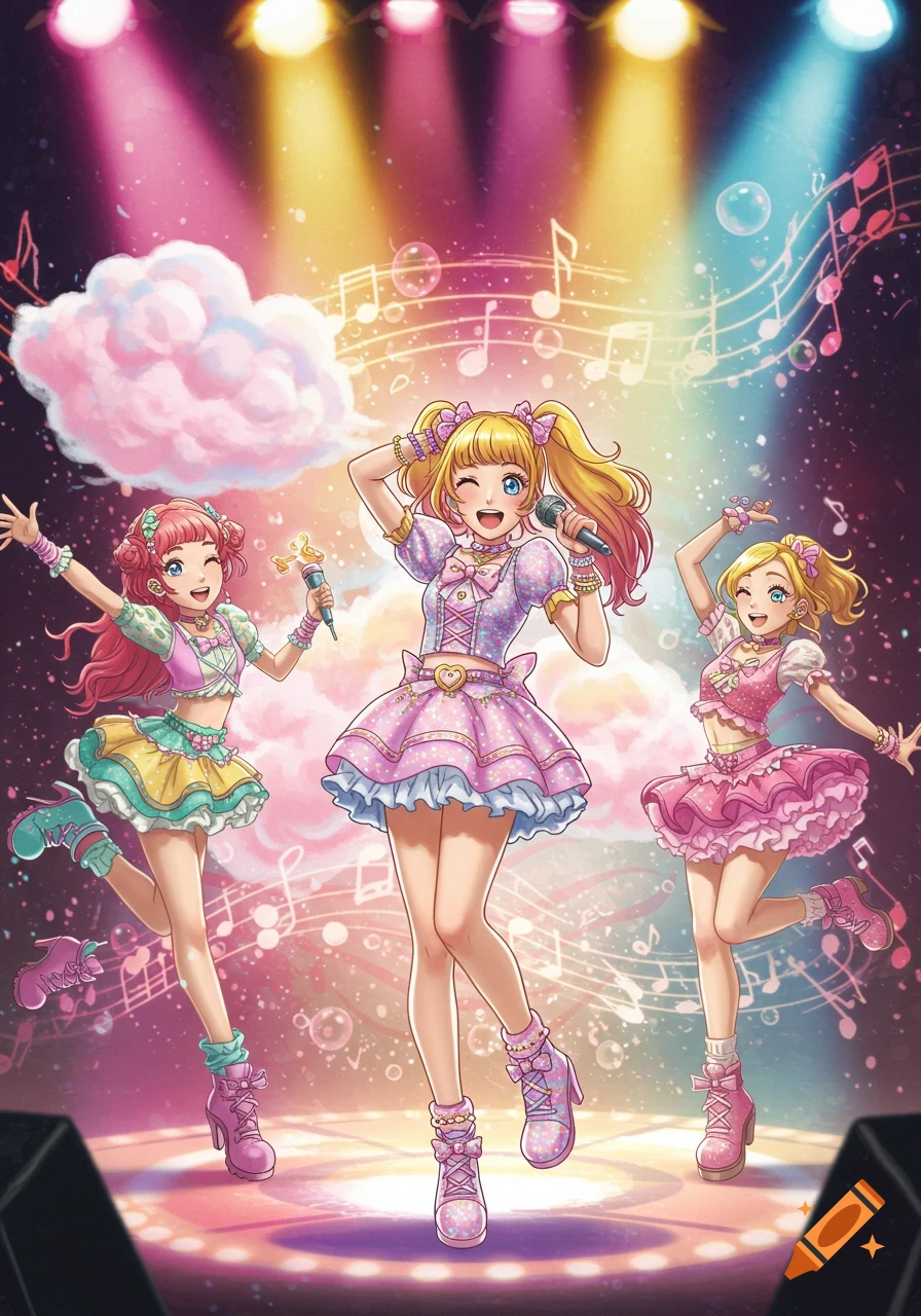 Three colorful anime-style idol girls perform on a brightly lit stage with musical notes and bubbles.