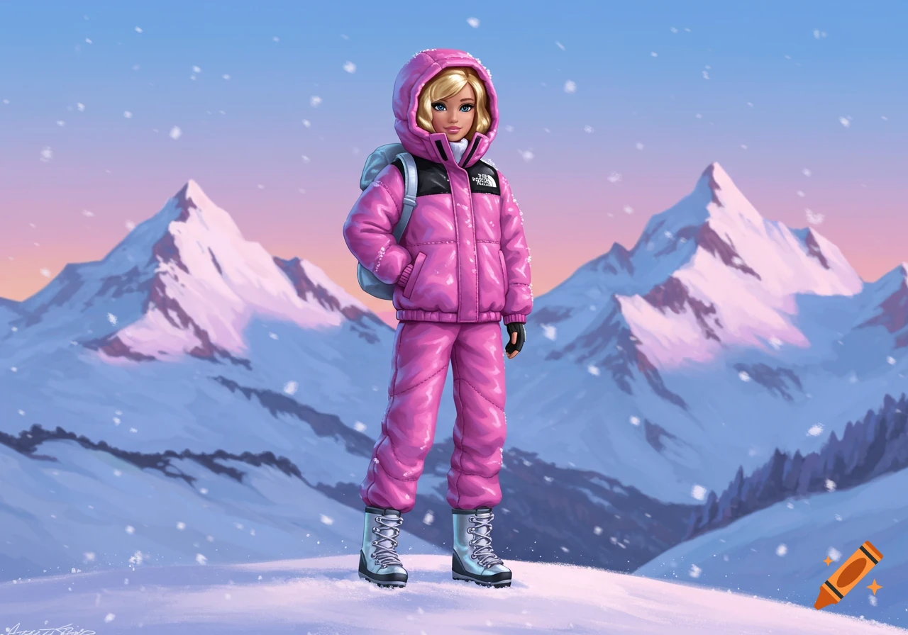 A Barbie-like figure in a pink winter suit with a North Face logo stands in a snowy mountain landscape.