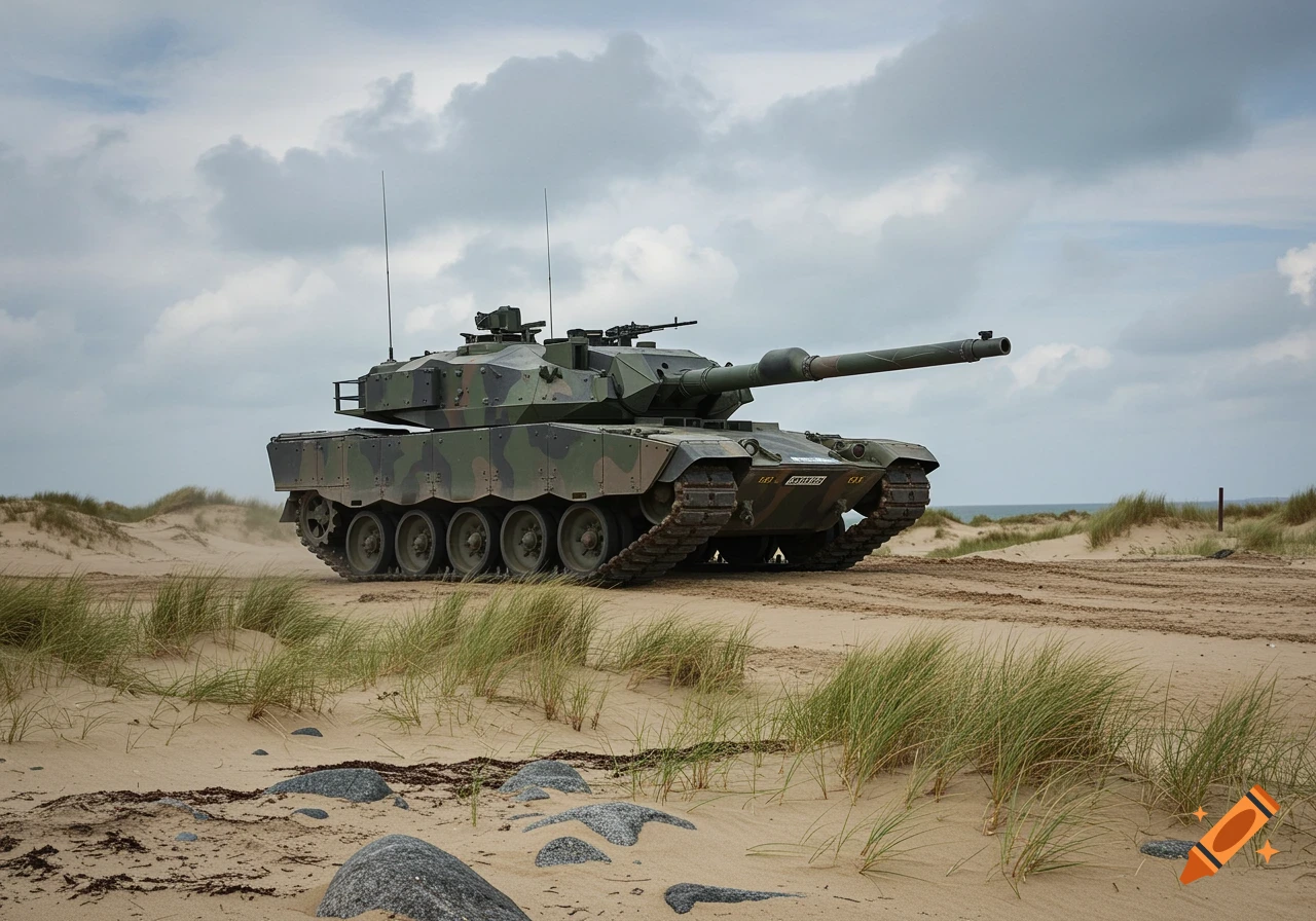 A camouflaged military tank sits on a sandy coastal beach with dunes and grass under a cloudy sky.