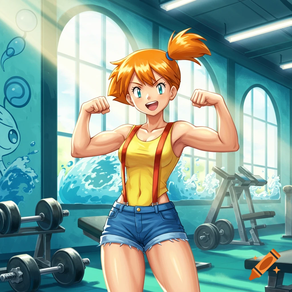 Misty from Pokémon, with orange hair, smiles while flexing her biceps in a gym with weights and water-themed decor.