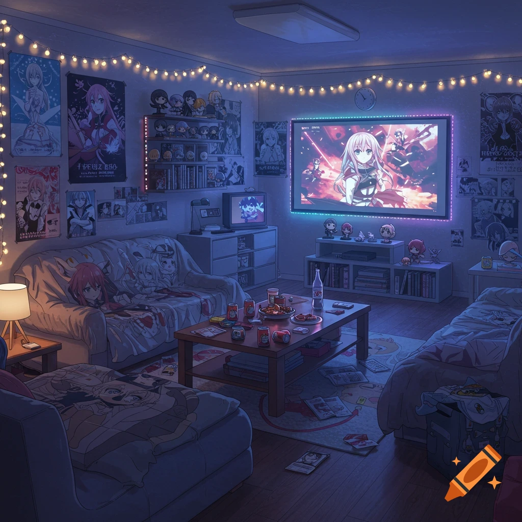 An anime-style apartment interior at night, decorated with string lights, posters, and anime figures. A large screen displays an anime scene.
