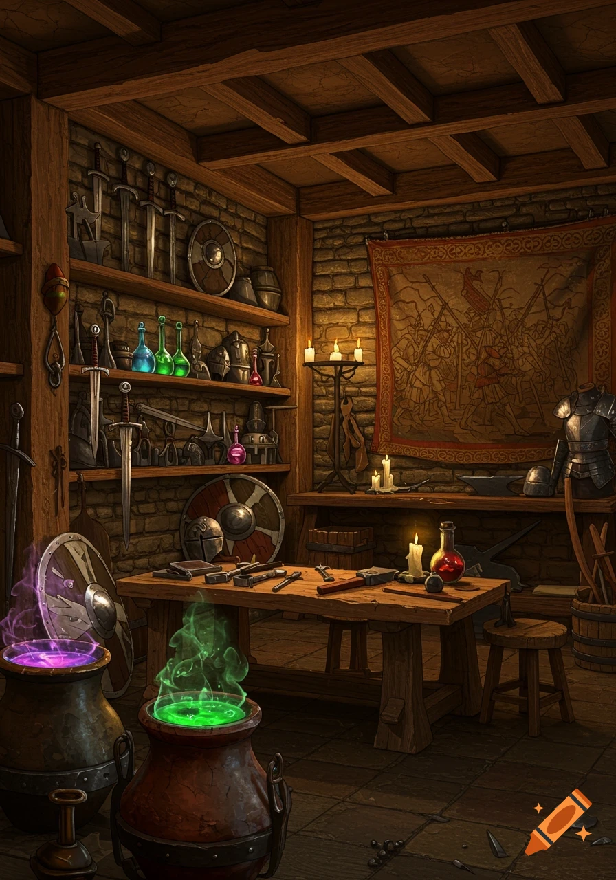 A digital painting of a medieval armory and alchemy shop, with shelves of weapons, armor, and colorful potions, and glowing cauldrons.