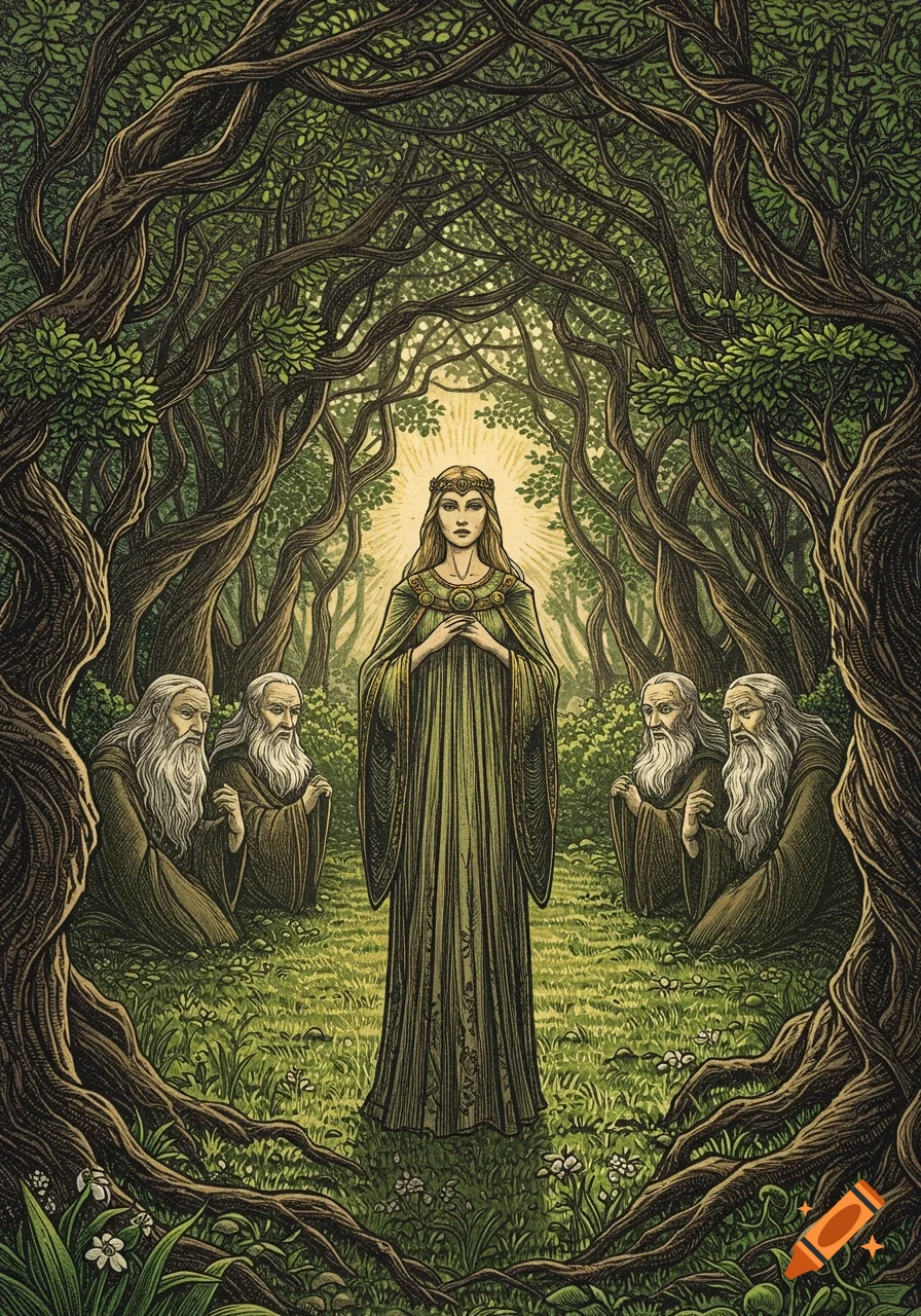 A woodcut illustration of a woman in a green gown and crown standing among four robed, bearded elders in a mystical forest clearing.