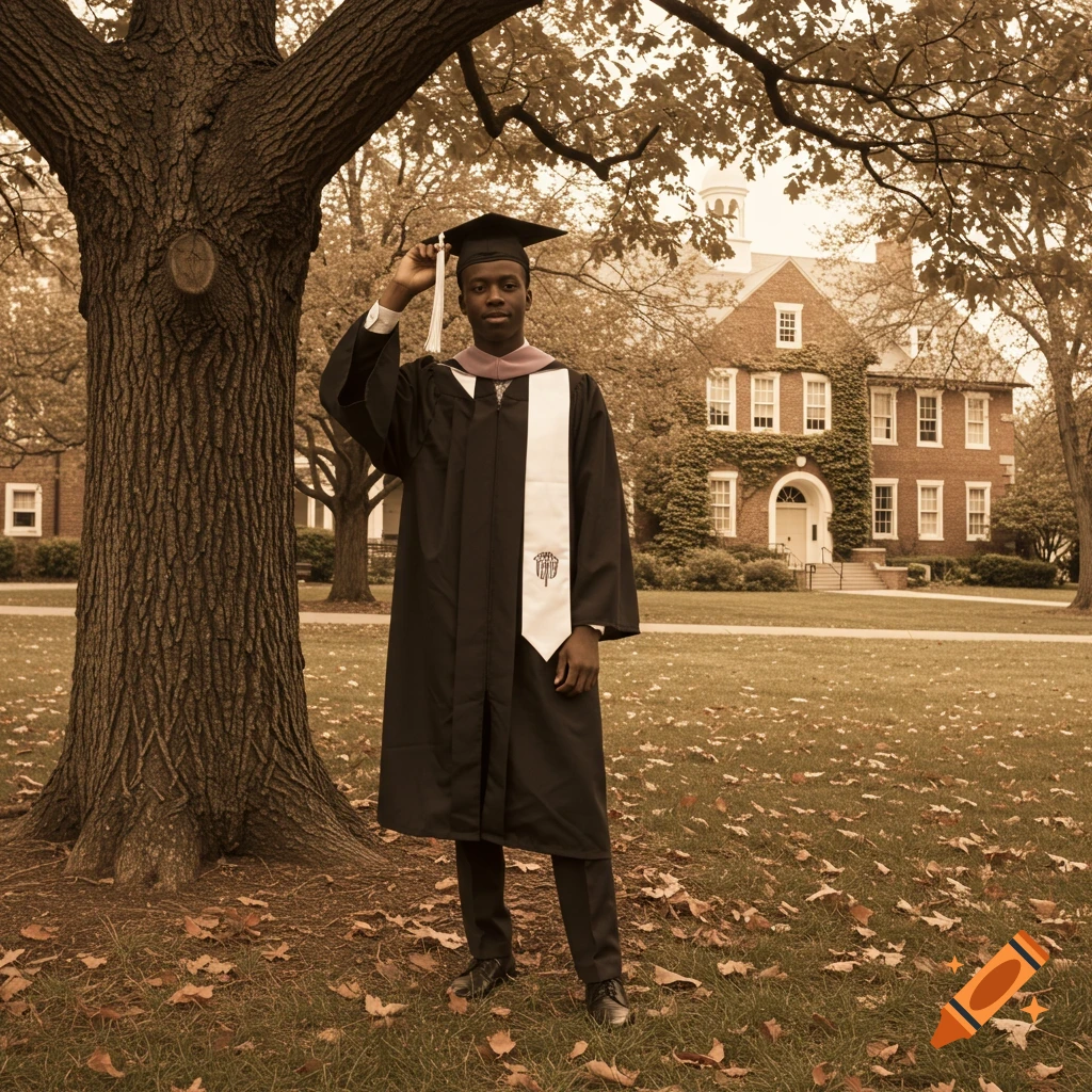 A young Black man in a graduation cap and gown stands next to a large tree with a university building in the background, in a sepia-toned vintage photo.