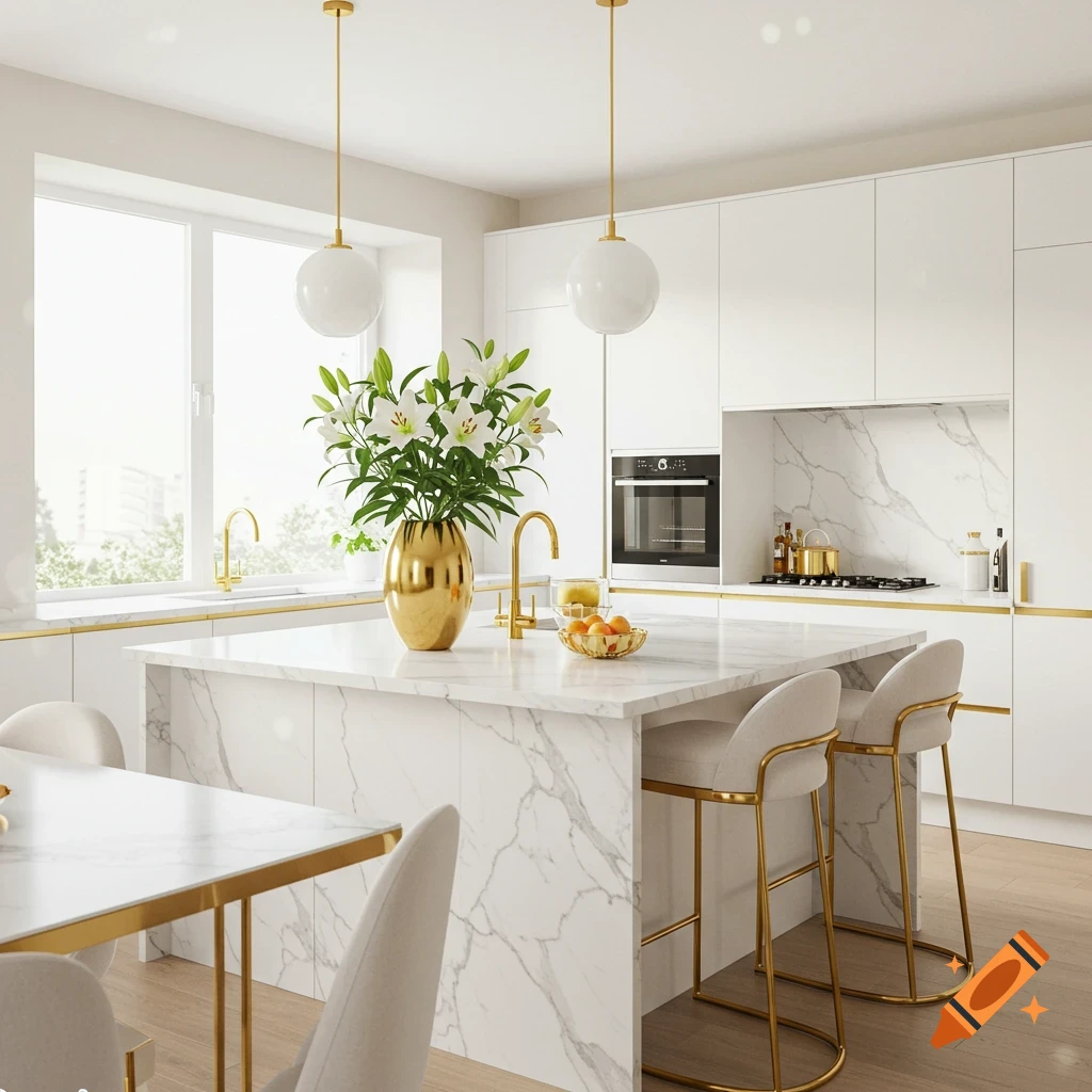 A modern white and gold kitchen with a marble island, bar stools, and a vase of white lilies.