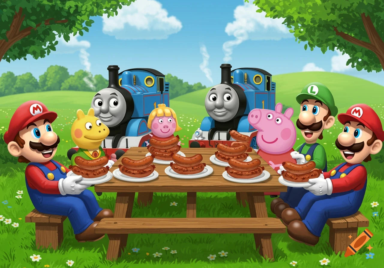 Cartoon characters Mario, Luigi, Thomas the Tank Engine, Peppa Pig, and friends having a picnic with sausages in a green field under a blue sky.