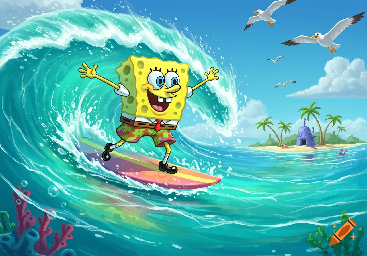 SpongeBob SquarePants happily surfs a large blue wave with a tropical island and seagulls in the background, in a vibrant cartoon style.