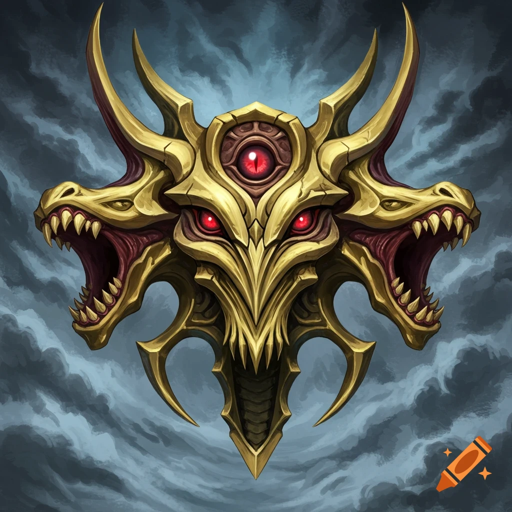 An ornate golden dragon-like emblem with three heads, red eyes, and sharp fangs, set against a stormy, cloudy sky in an anime fantasy style.