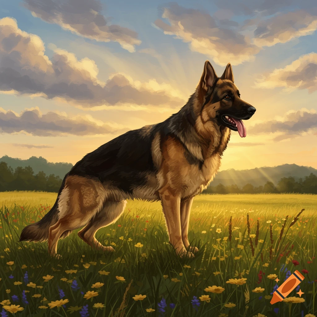 A German Shepherd dog stands in a field of wildflowers under a cloudy sunset sky.