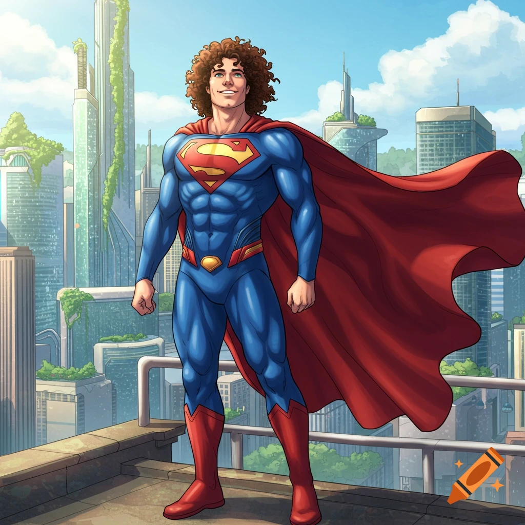 A male character resembling Superman with curly brown hair stands on a rooftop overlooking a futuristic city under a blue sky, in a comic book art style.