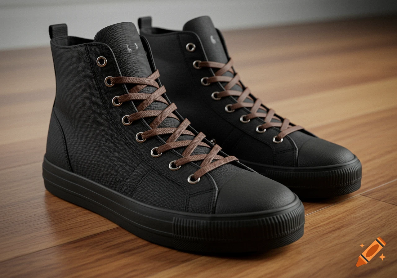 Pair of black canvas high-top shoes with brown laces on a wooden floor.