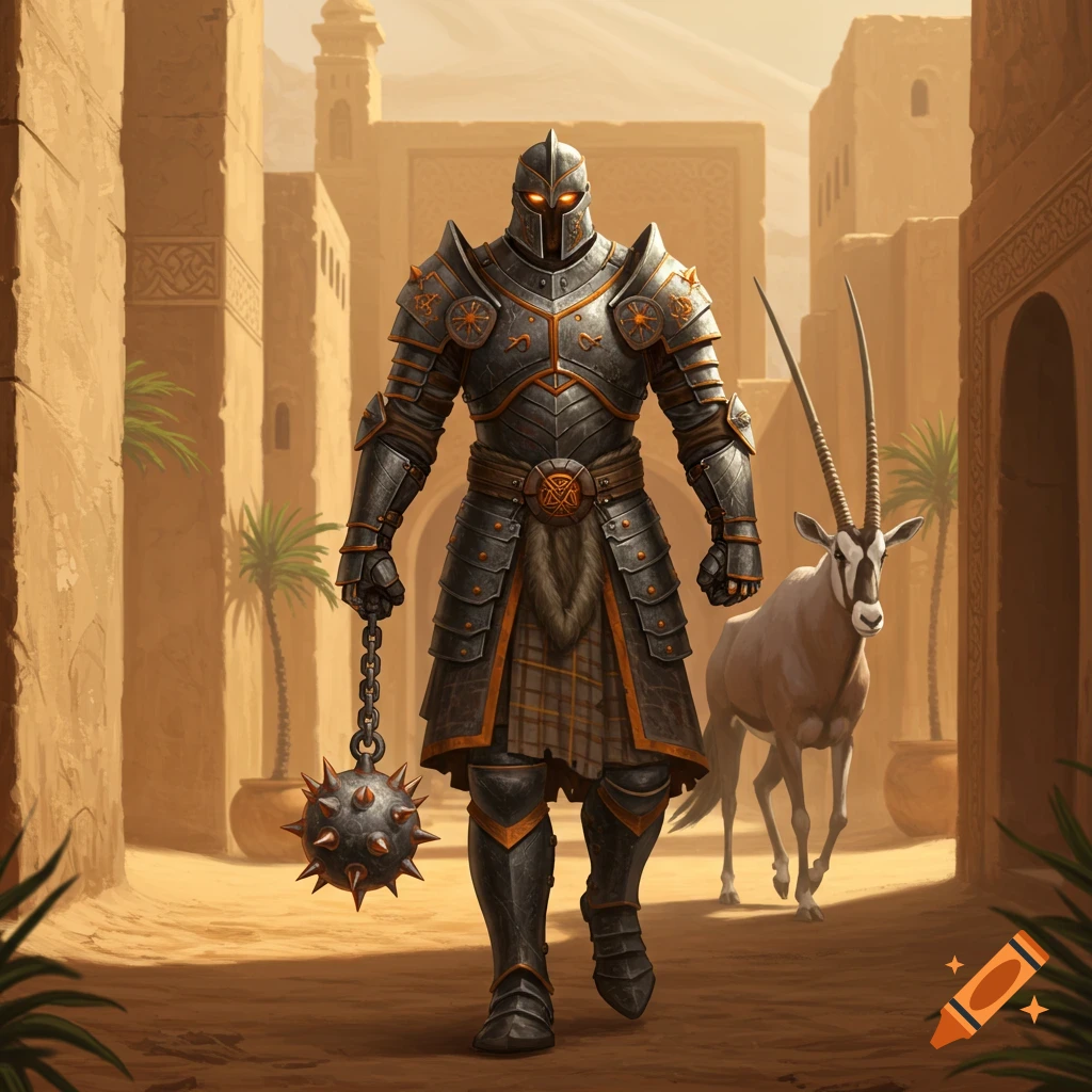 An armored knight with glowing eyes and a spiked mace walks through a desert city street with an oryx companion.