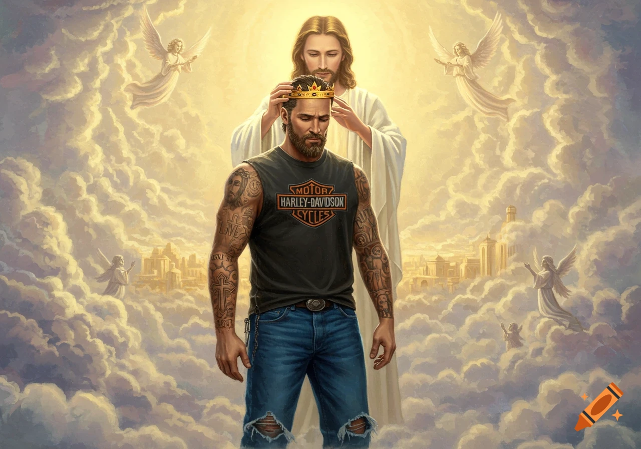 Jesus crowns a bearded biker in a Harley-Davidson shirt amidst clouds and angels, with a city visible below.
