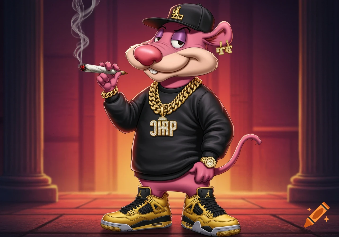 A pink cartoon rat, Slowpoke Rodriguez, wearing a black sweatshirt, gold chains, a cap, and sneakers, holding a lit joint with smoke.