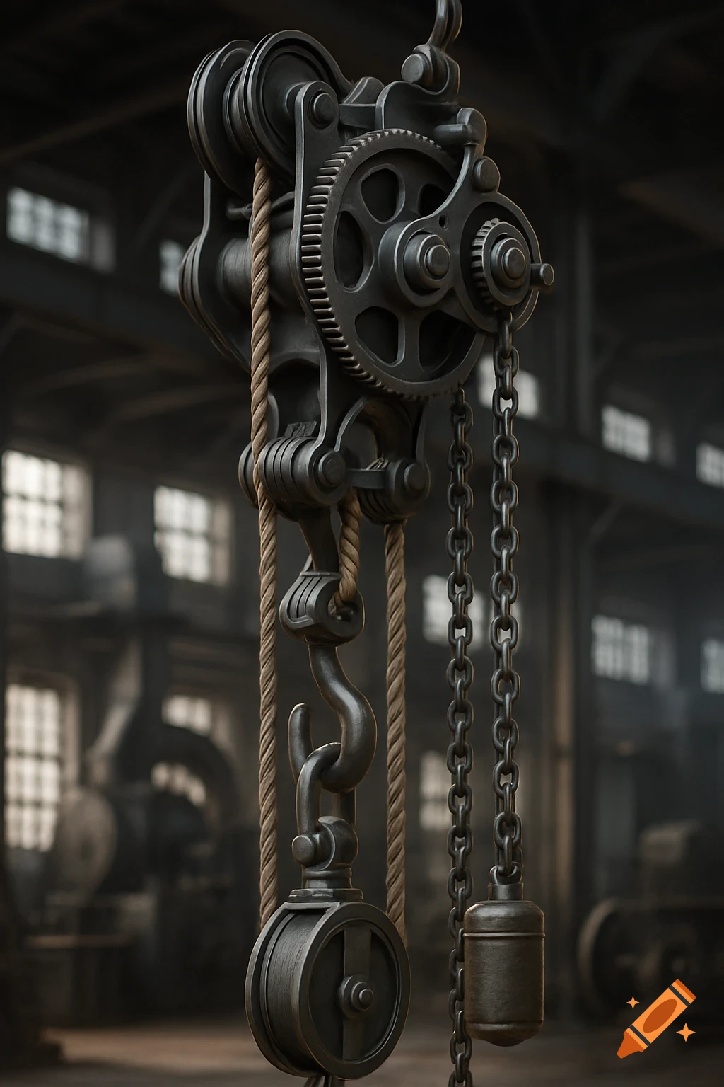 A close-up, photorealistic image of a vintage industrial pulley system with ropes and chains in a workshop.