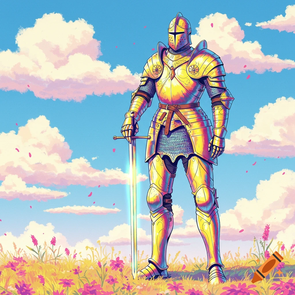 A golden armored knight stands in a field of pink flowers under a blue sky with pink and white clouds, in an anime-illustration style.