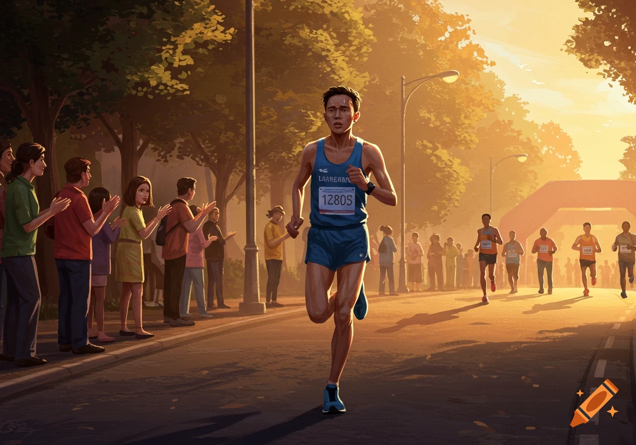 A male runner in a blue singlet and shorts runs a marathon, with spectators clapping on the left and other runners further down the road. The scene is bathed in a warm, golden light.