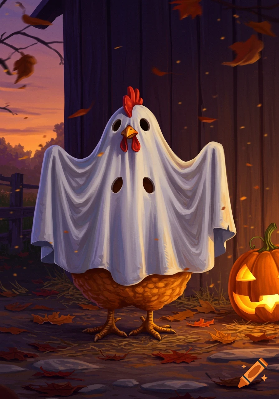 A cute chicken wearing a white ghost costume stands on fallen autumn leaves next to a lit jack-o'-lantern.
