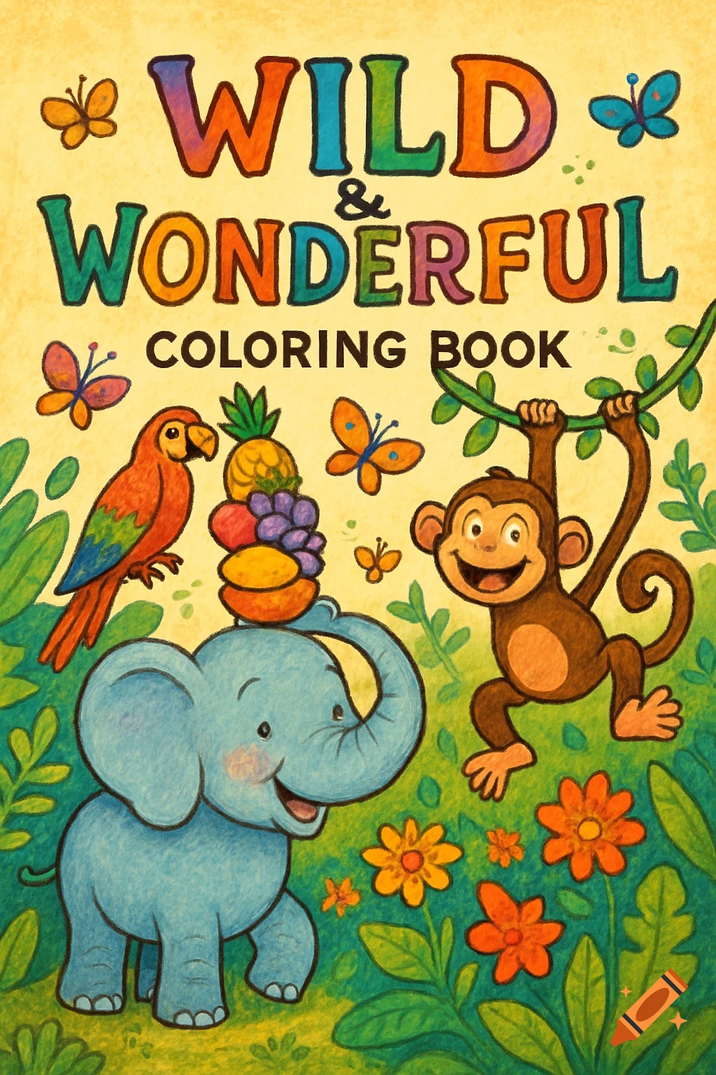 Colorful children's illustration of an elephant, parrot, and monkey in a jungle setting, with text 'WILD & WONDERFUL COLORING BOOK'.