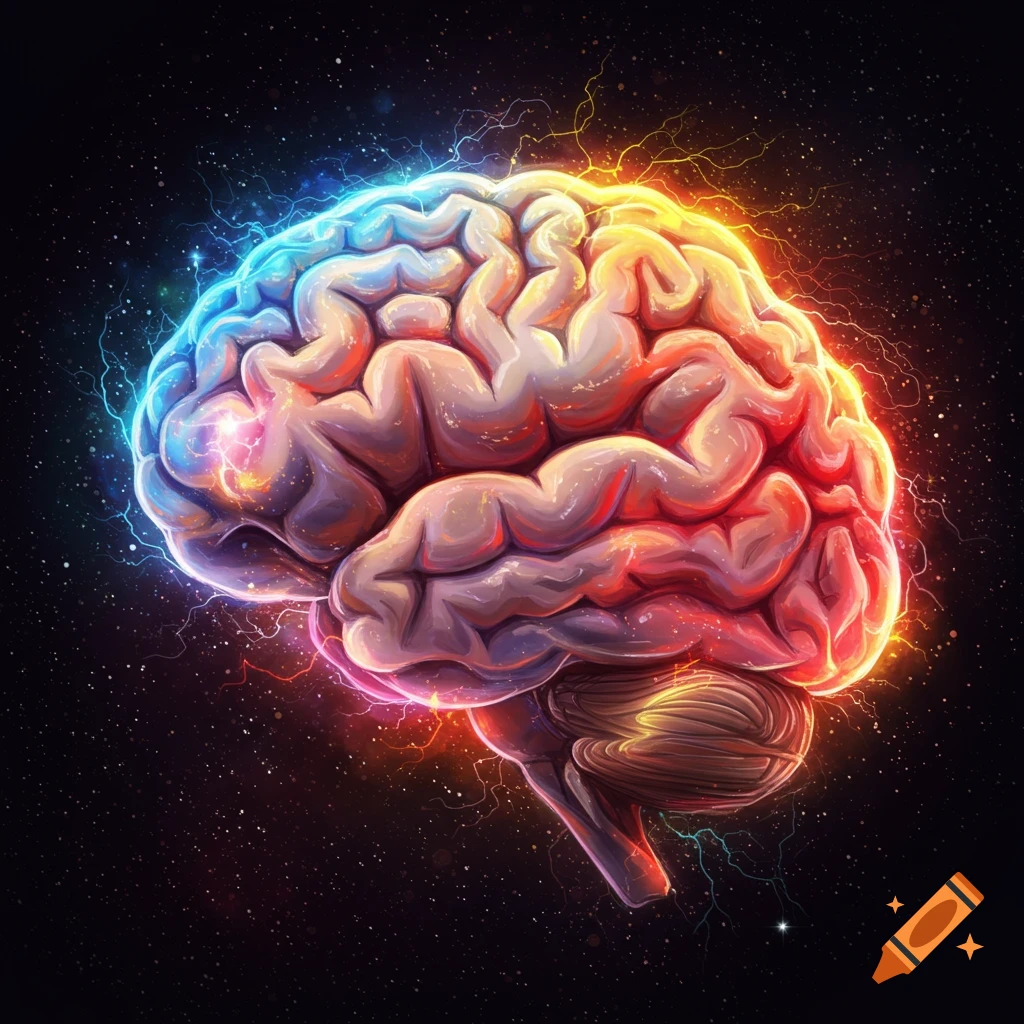 An illustration of a human brain glowing with vibrant blue and orange light against a starry, dark space background.