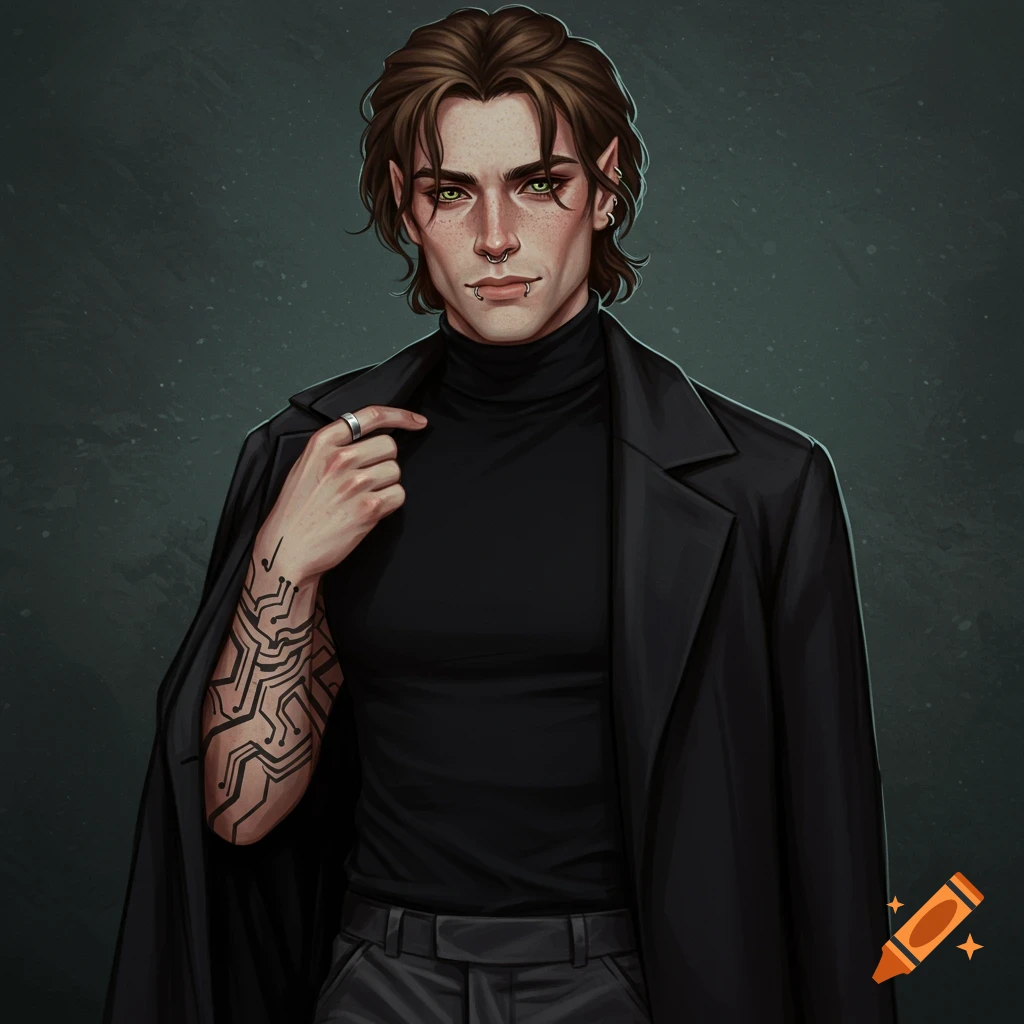Digital illustration of a man with green eyes, long brown hair, and pointed ears, wearing a black turtleneck and an open black coat, with a circuitry tattoo on his arm.